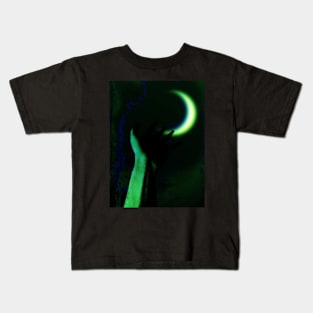 Digital collage and special processing. Hand pointing to the moon. Very beautiful. Green. Kids T-Shirt